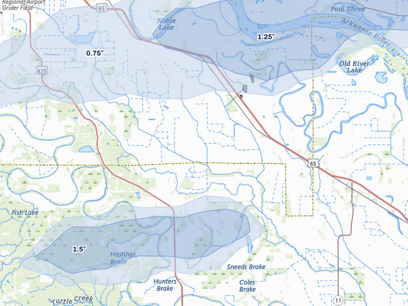 NEXRAD radar-signature map of the hail storm over Grady, AR on Mar 15, 2026