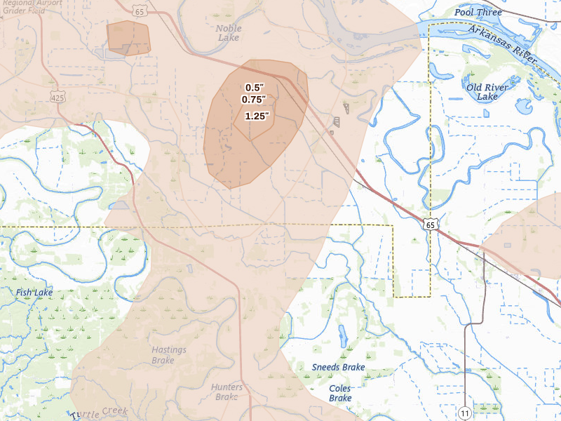 Radar-estimated hail-size map of the storm over Grady, AR on May 31, 2026