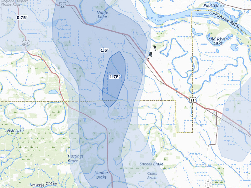 NEXRAD radar-signature map of the hail storm over Grady, AR on May 31, 2026