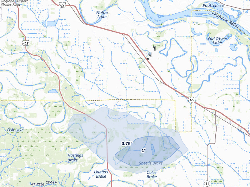 NEXRAD radar-signature map of the hail storm over Grady, AR on Jul 4, 2026