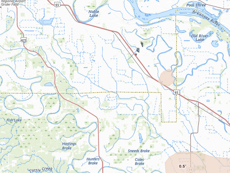 Radar-estimated hail-size map of the storm over Grady, AR on Jul 11, 2026