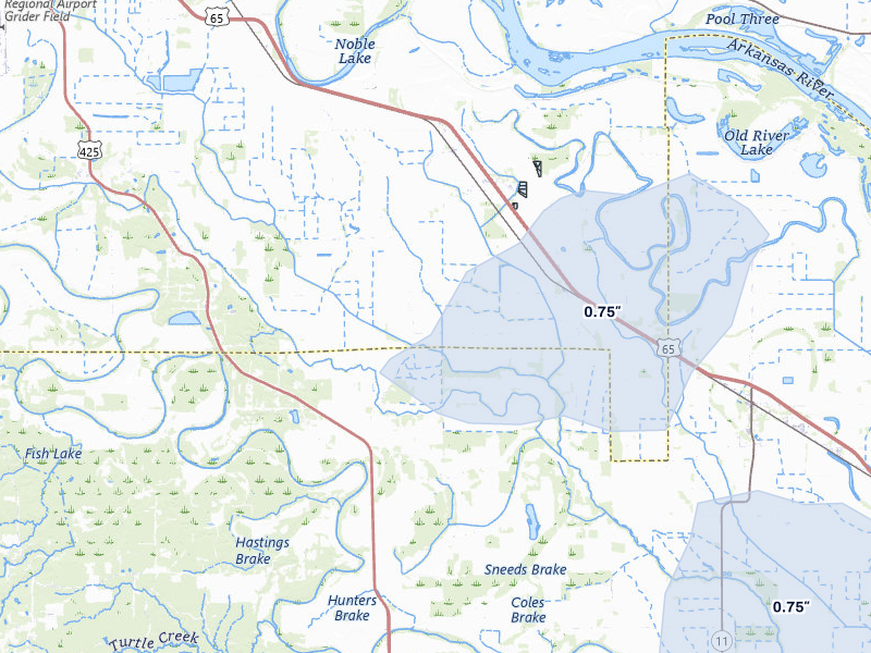 NEXRAD radar-signature map of the hail storm over Grady, AR on Jul 11, 2026