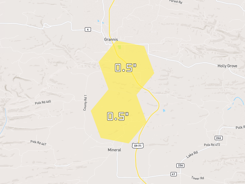 Hail map of Grannis, AR on Jul 4, 2026, hail up to 0.5"