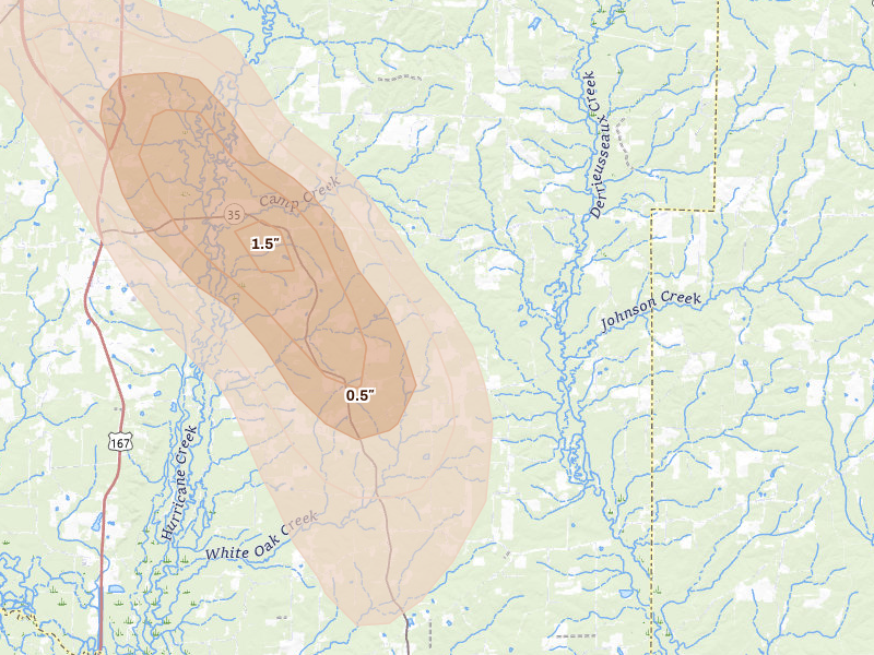 Radar-estimated hail-size map of the storm over Grapevine, AR on Aug 23, 2026