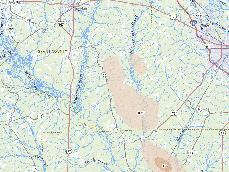 Radar-estimated hail-size map of the storm over Grapevine, AR on Aug 24, 2026