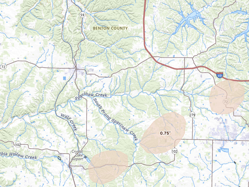 Radar-estimated hail-size map of the storm over Gravette, AR on Mar 4, 2026