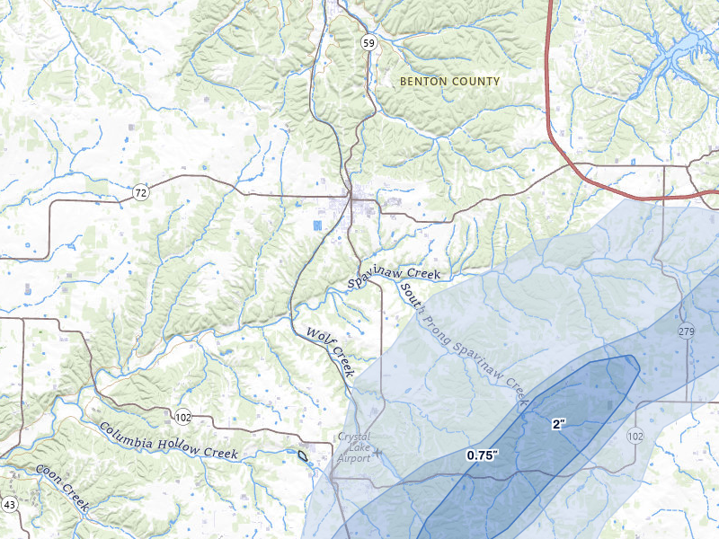 NEXRAD radar-signature map of the hail storm over Gravette, AR on Mar 4, 2026