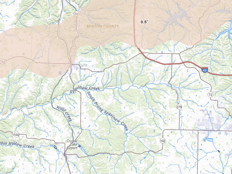 Radar-estimated hail-size map of the storm over Gravette, AR on Apr 27, 2026