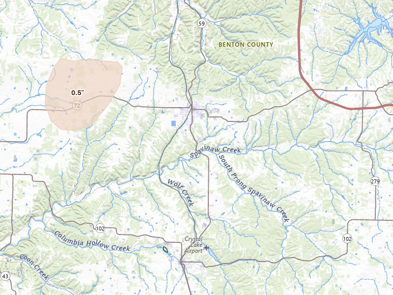 Radar-estimated hail-size map of the storm over Gravette, AR on Jun 7, 2026
