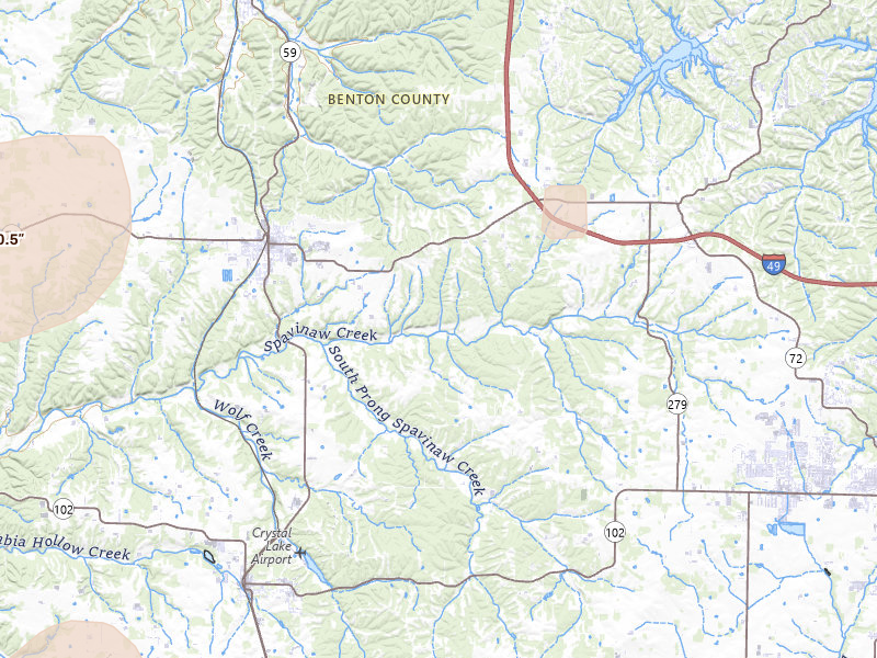 Radar-estimated hail-size map of the storm over Gravette, AR on Jun 8, 2026