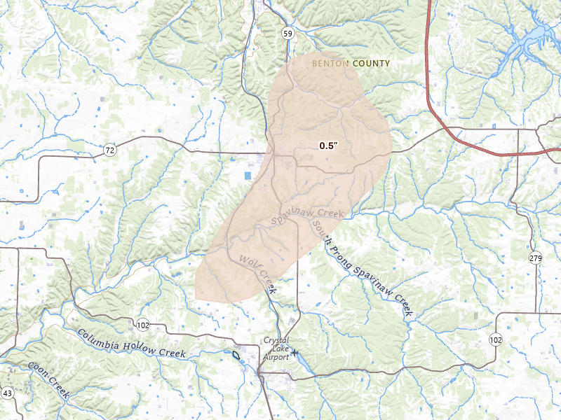Radar-estimated hail-size map of the storm over Gravette, AR on Jun 21, 2026