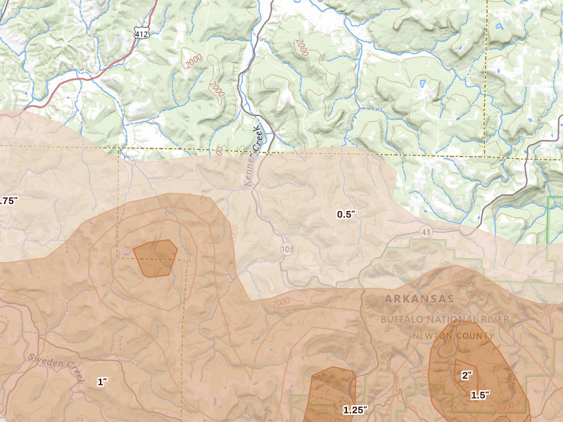 Radar-estimated hail-size map of the storm over Green Forest, AR on Apr 28, 2026