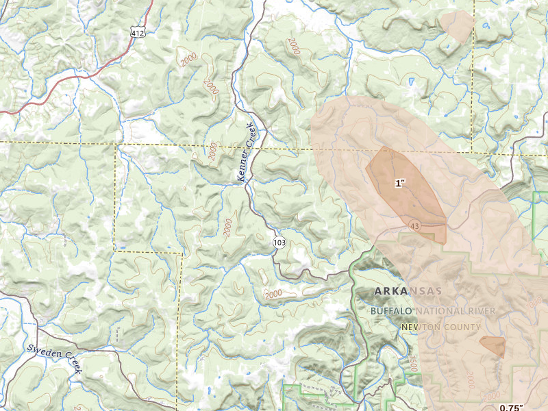 Radar-estimated hail-size map of the storm over Green Forest, AR on Jun 1, 2026
