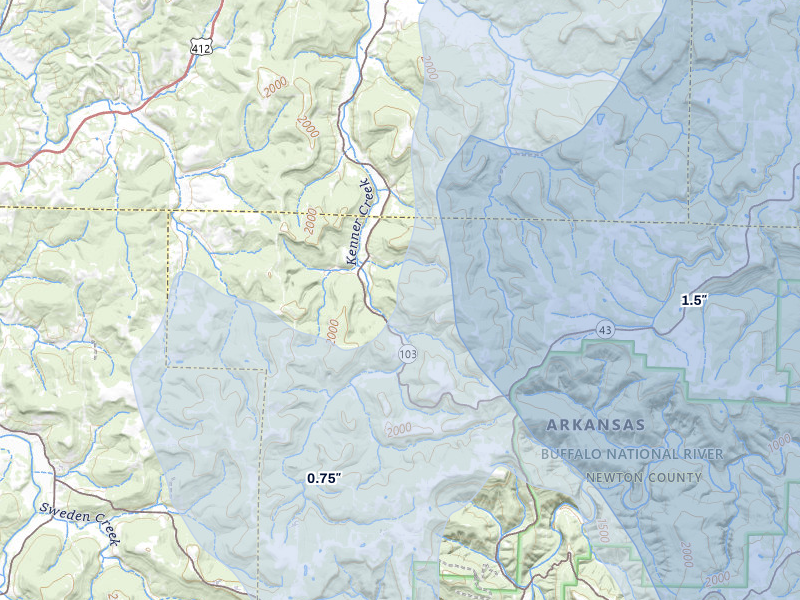 NEXRAD radar-signature map of the hail storm over Green Forest, AR on Jun 1, 2026