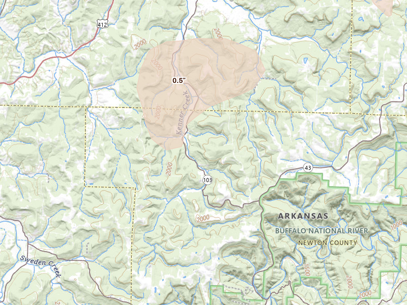 Radar-estimated hail-size map of the storm over Green Forest, AR on Jul 11, 2026