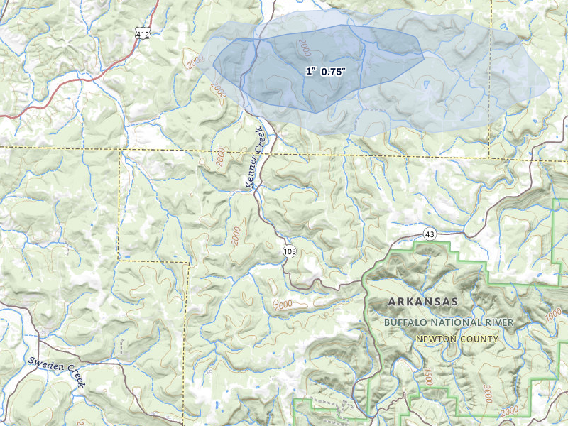 NEXRAD radar-signature map of the hail storm over Green Forest, AR on Jul 11, 2026