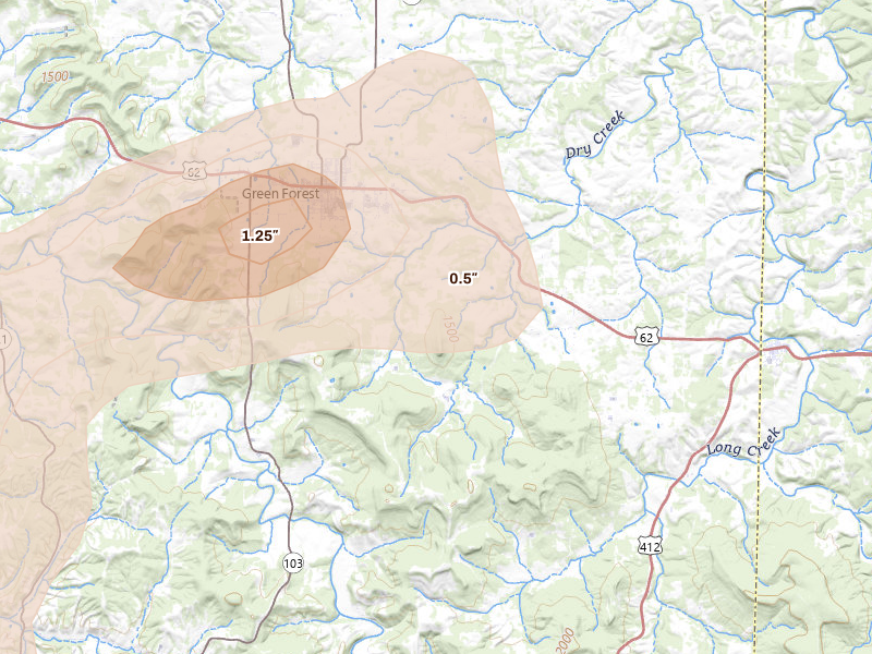 Radar-estimated hail-size map of the storm over Green Forest, AR on Aug 7, 2026