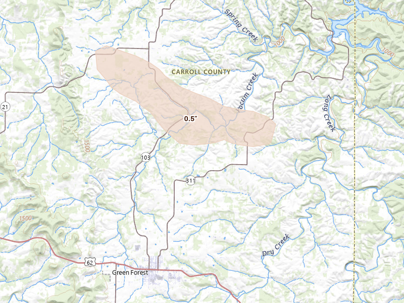 Radar-estimated hail-size map of the storm over Green Forest, AR on Aug 22, 2026
