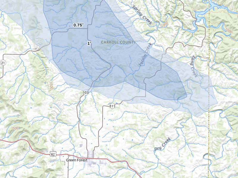 NEXRAD radar-signature map of the hail storm over Green Forest, AR on Aug 22, 2026