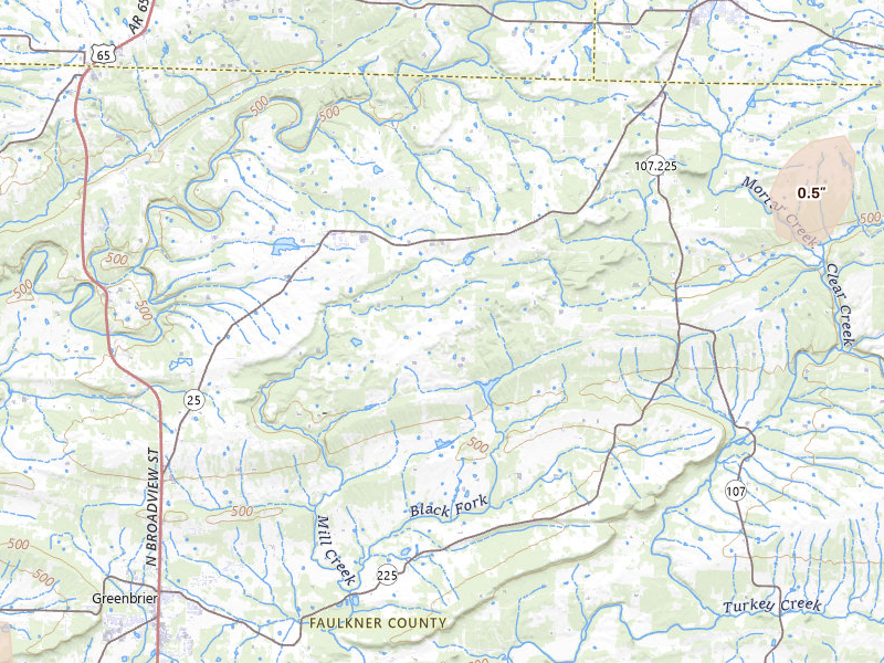 Radar-estimated hail-size map of the storm over Greenbrier, AR on Jul 3, 2026