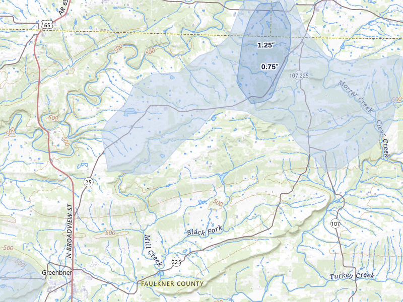 NEXRAD radar-signature map of the hail storm over Greenbrier, AR on Jul 3, 2026