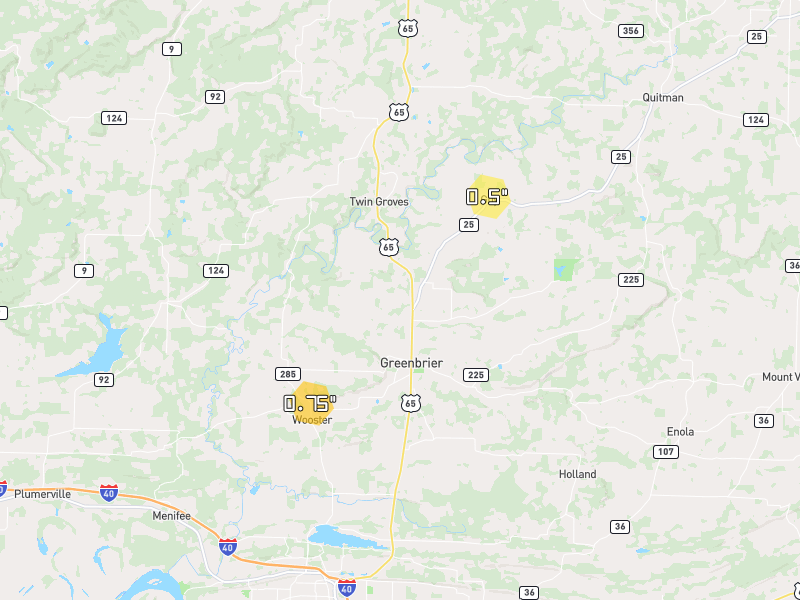 Hail map of Greenbrier, AR on Jul 3, 2026, hail up to 0.75"