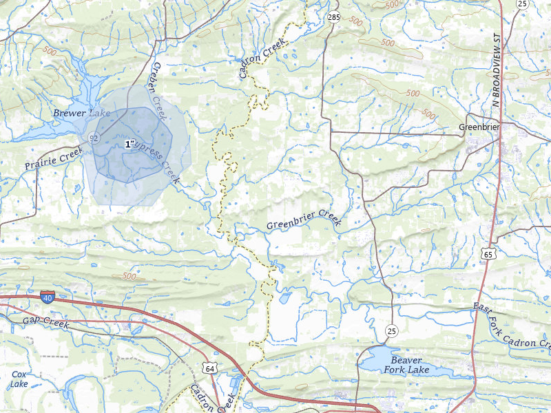 NEXRAD radar-signature map of the hail storm over Greenbrier, AR on Jul 11, 2026