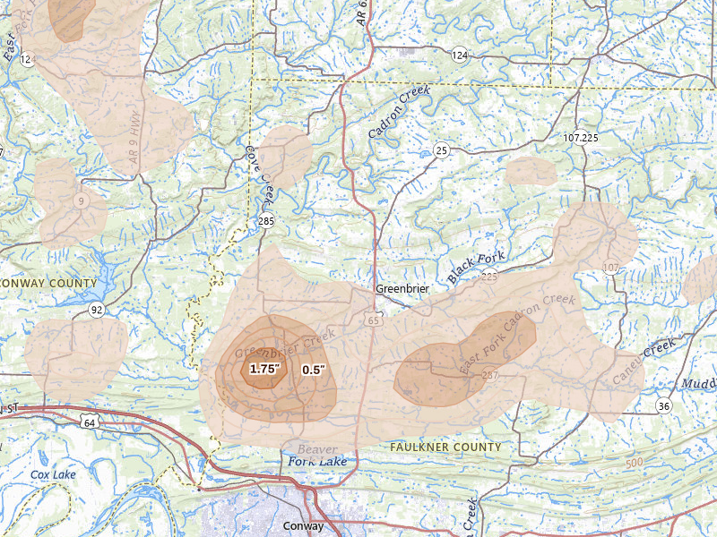 Radar-estimated hail-size map of the storm over Greenbrier, AR on Aug 17, 2026