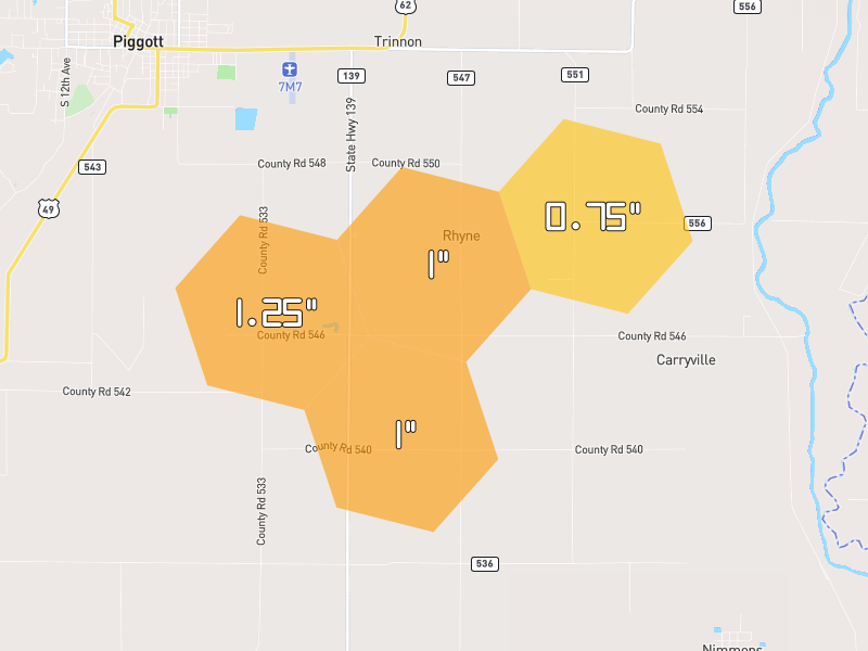 Hail map of Greenway, AR on Jul 10, 2026, hail up to 1.25"