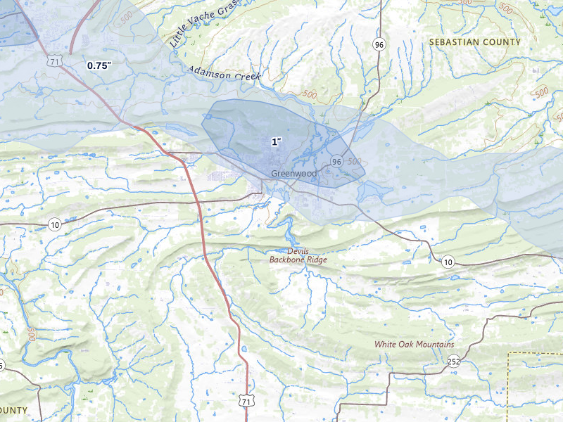 NEXRAD radar-signature map of the hail over Greenwood, AR