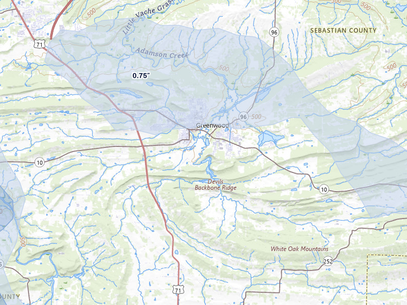 NEXRAD radar-signature map of the hail over Greenwood, AR