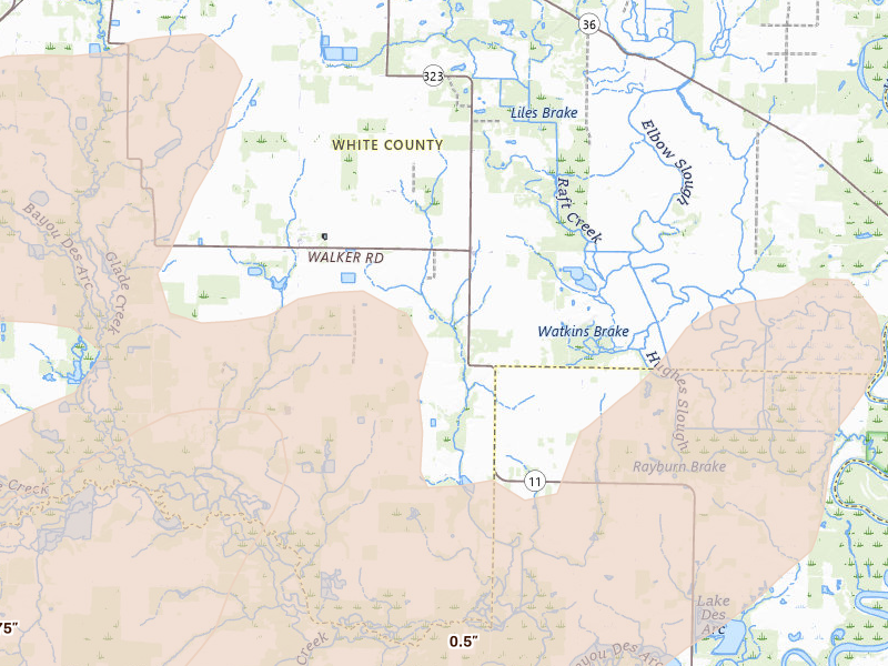 Radar-estimated hail-size map of the storm over Griffithville, AR on Apr 28, 2026