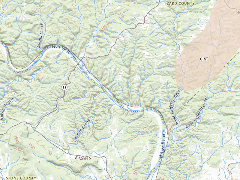 Radar-estimated hail-size map of the storm over Guion, AR on Mar 7, 2026