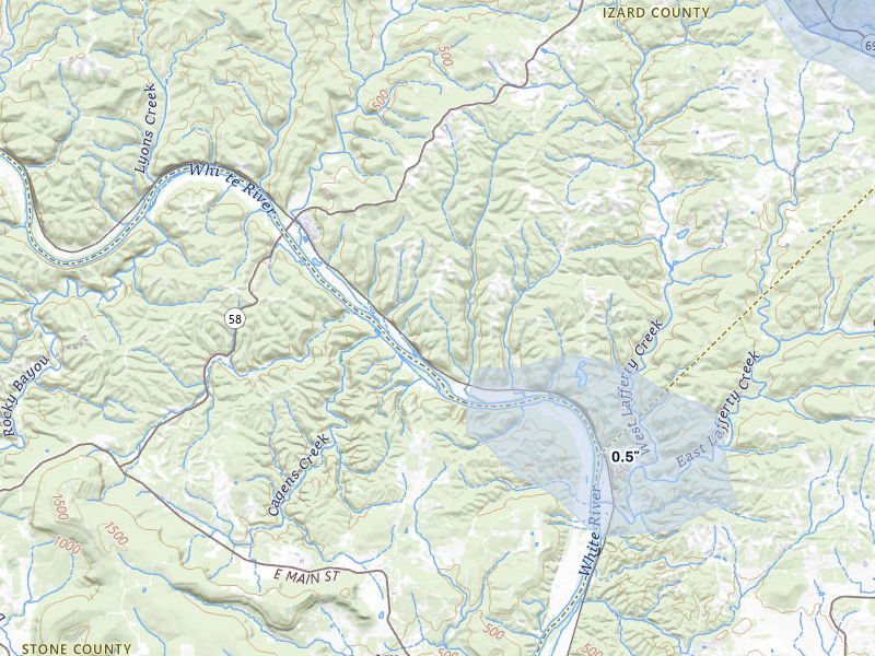 NEXRAD radar-signature map of the hail storm over Guion, AR on Mar 7, 2026