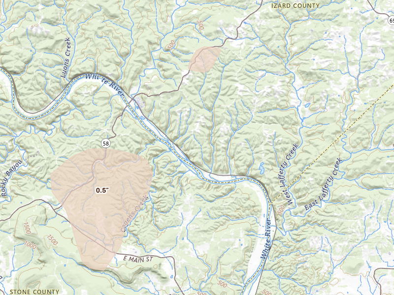 Radar-estimated hail-size map of the storm over Guion, AR on Jun 13, 2026