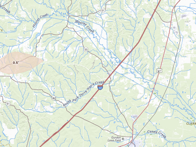 Radar-estimated hail-size map of the storm over Gurdon, AR on Mar 15, 2026