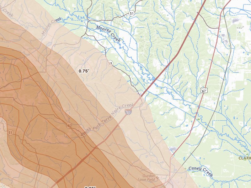 Radar-estimated hail-size map of the storm over Gurdon, AR on Apr 25, 2026