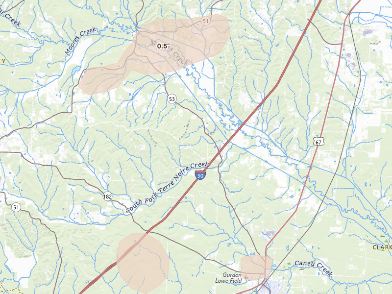 Radar-estimated hail-size map of the storm over Gurdon, AR on Apr 28, 2026