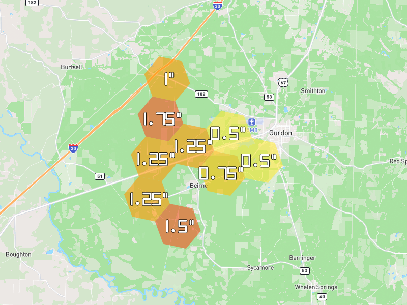 Hail map of Gurdon, AR on Jul 4, 2026, hail up to 1.75"