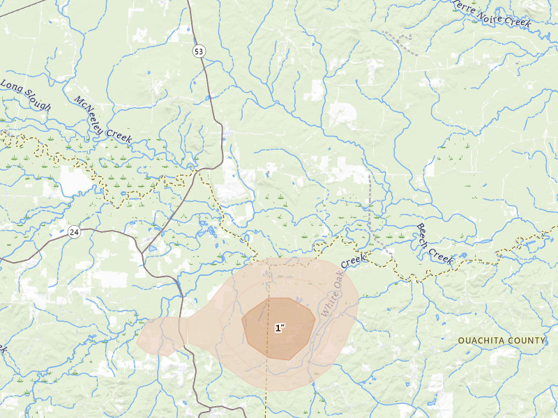 Radar-estimated hail-size map of the storm over Gurdon, AR on Aug 9, 2026