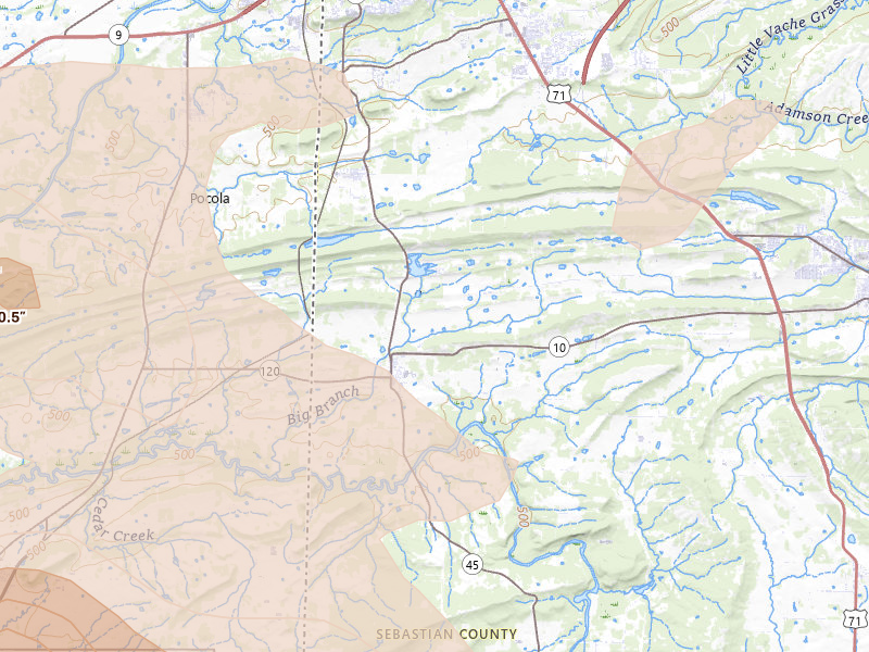 Radar-estimated hail-size map of the storm over Hackett, AR on Apr 25, 2026