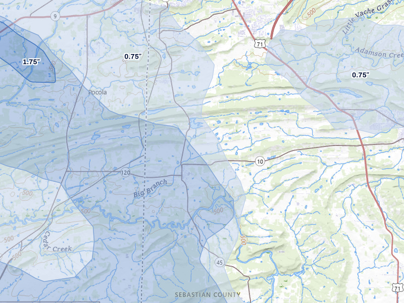 NEXRAD radar-signature map of the hail over Hackett, AR