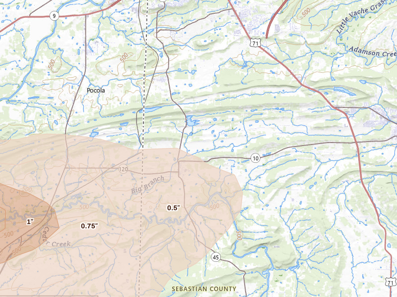 Radar-estimated hail-size map of the storm over Hackett, AR on Apr 28, 2026