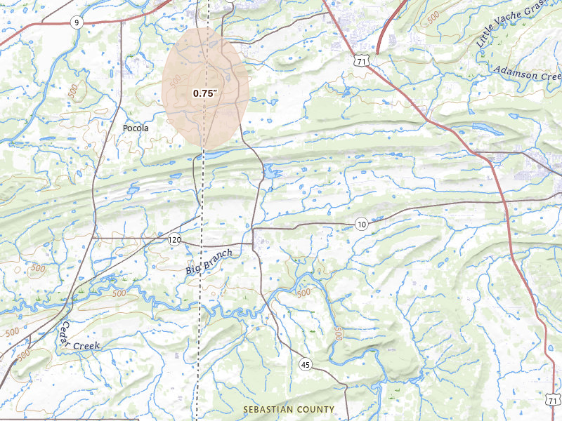Radar-estimated hail-size map of the storm over Hackett, AR on Jun 2, 2026