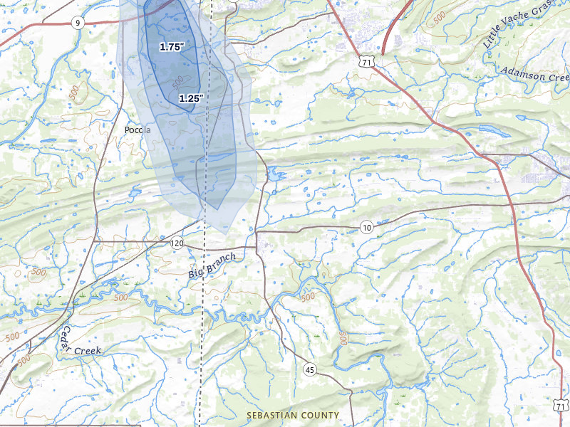 NEXRAD radar-signature map of the hail over Hackett, AR