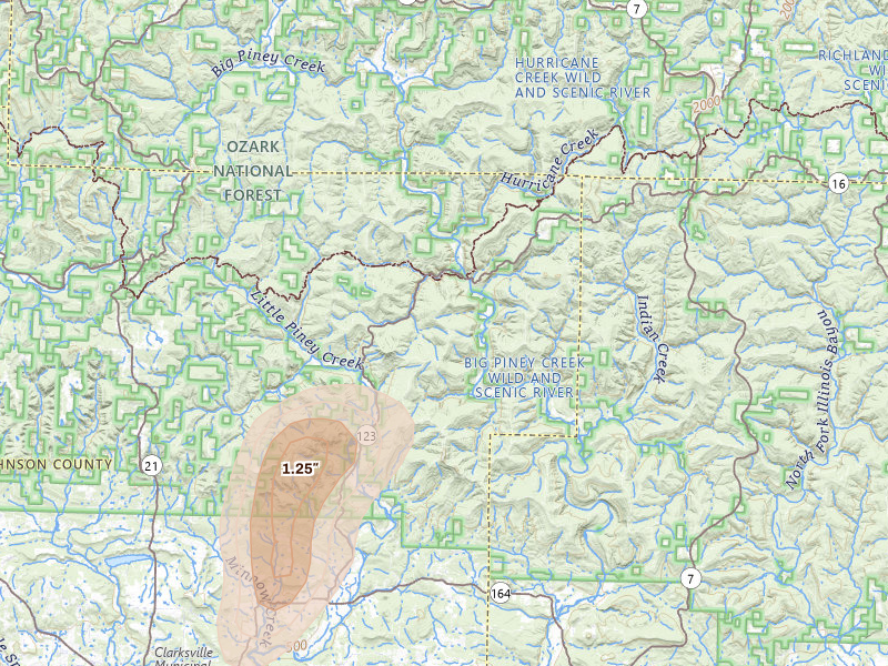 Radar-estimated hail-size map of the storm over Hagarville, AR on May 30, 2026
