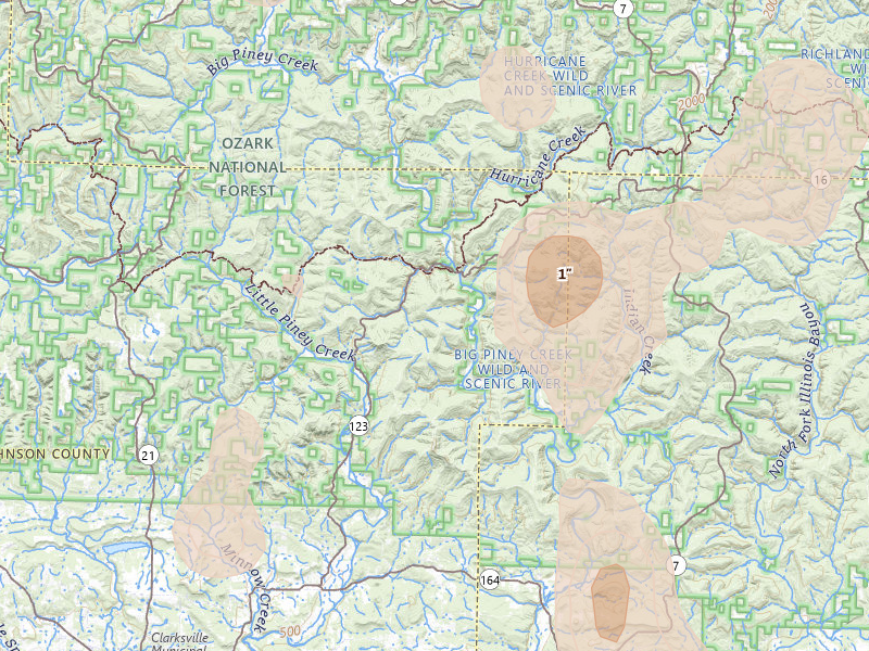 Radar-estimated hail-size map of the storm over Hagarville, AR on Jun 1, 2026