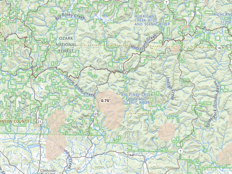 Radar-estimated hail-size map of the storm over Hagarville, AR on Jul 4, 2026