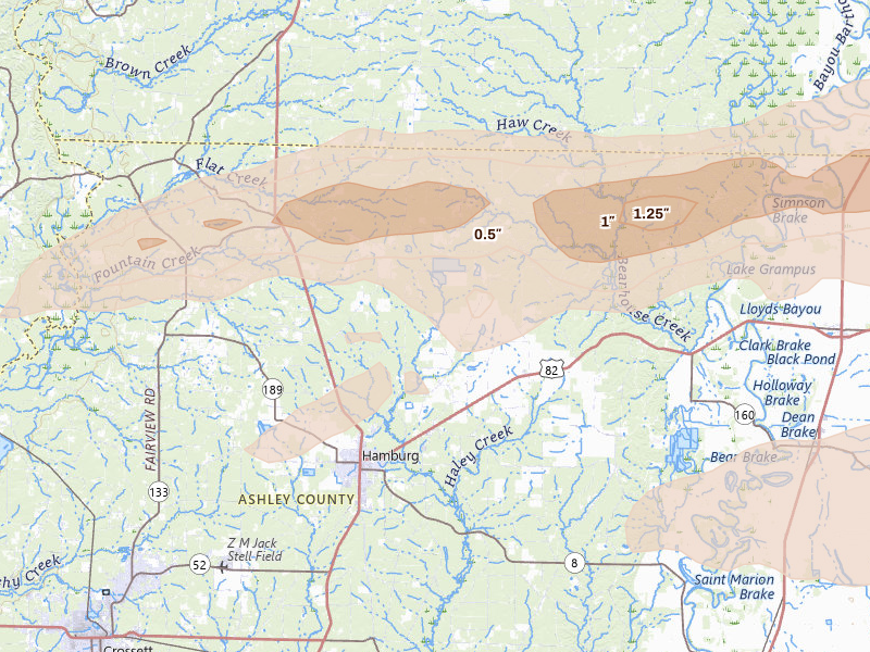 Radar-estimated hail-size map of the storm over Hamburg, AR on Mar 15, 2026