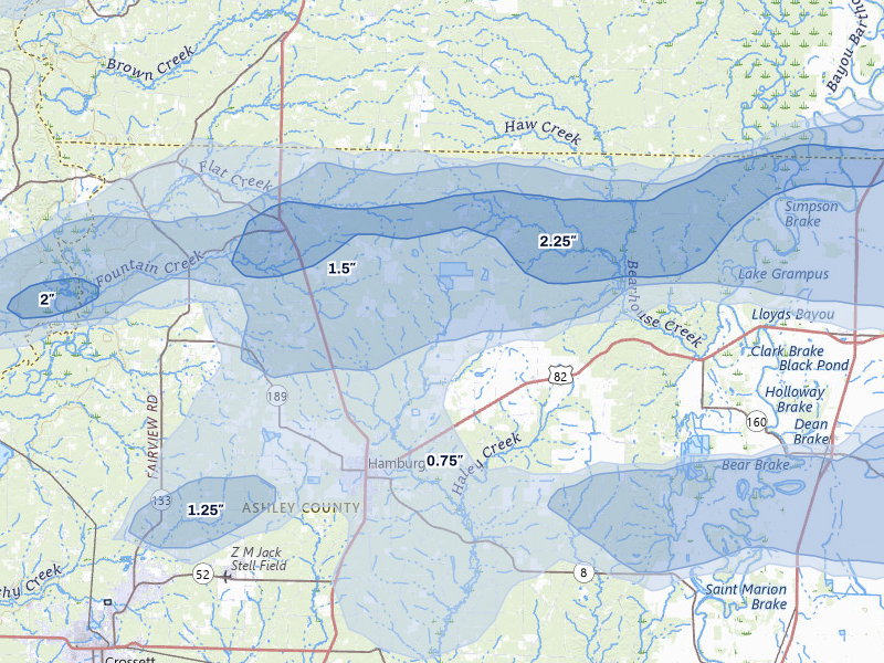 NEXRAD radar-signature map of the hail over Hamburg, AR